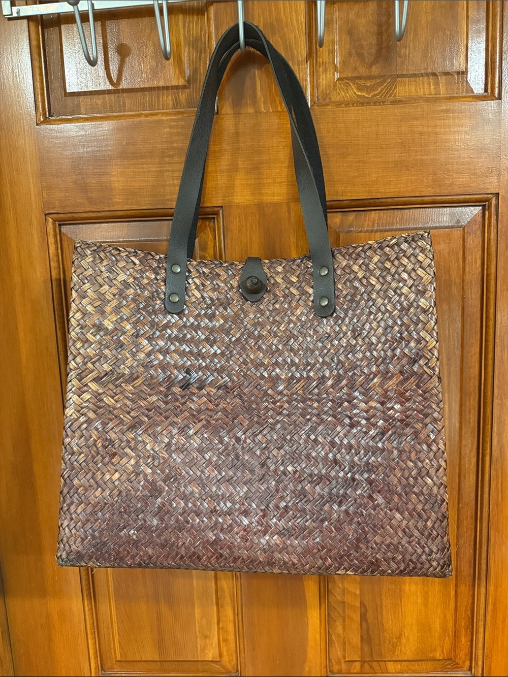 Woven Straw Tote Bag with Black Leather Straps - Brown